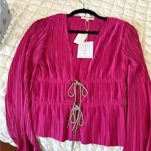 WAYF Fuchsia Long Sleeve Blouse with Tie Detail